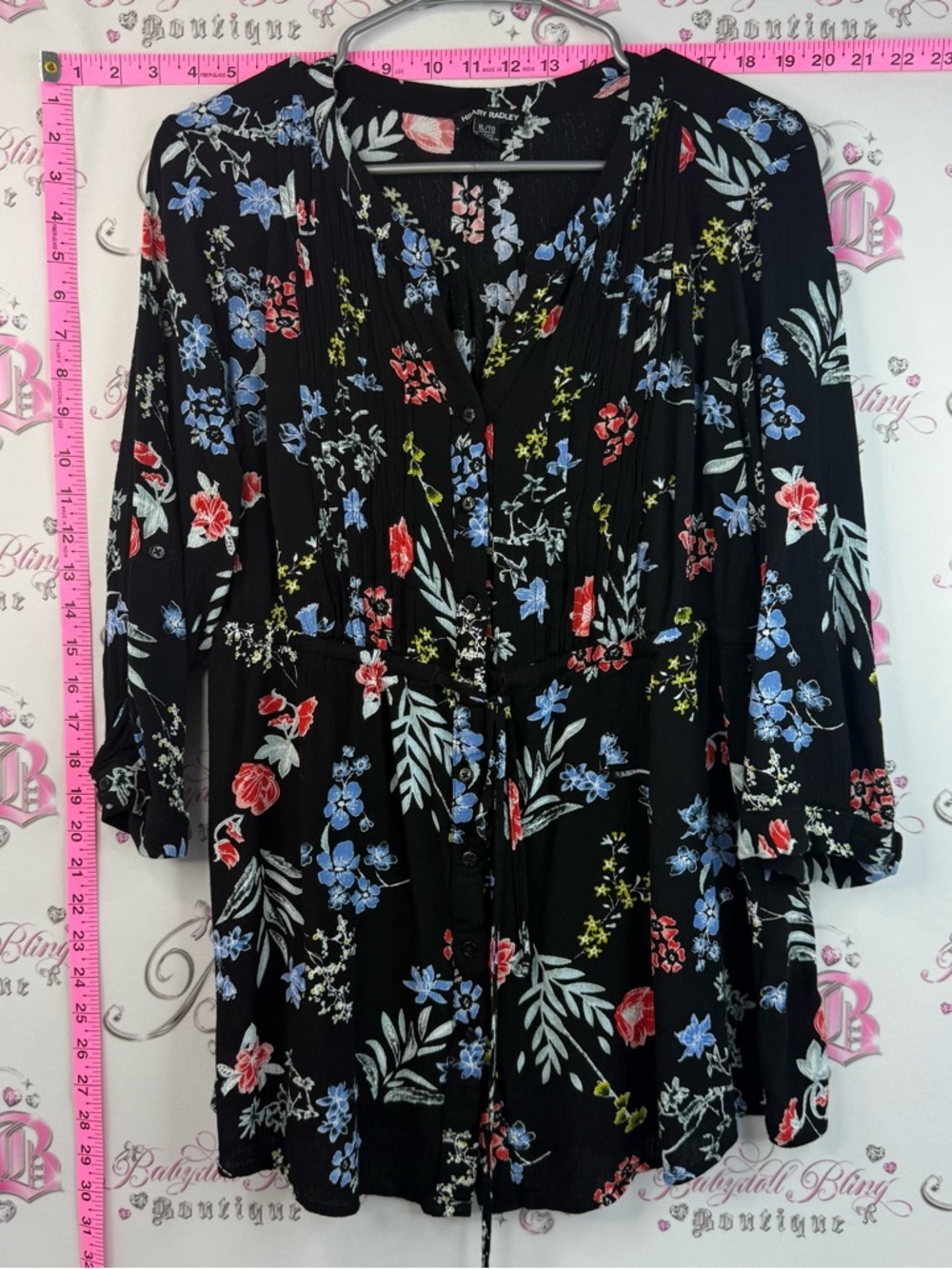 Hilary Radley blouse shirt flowers Black Floral V-Neck Tie-Waist Tunic
